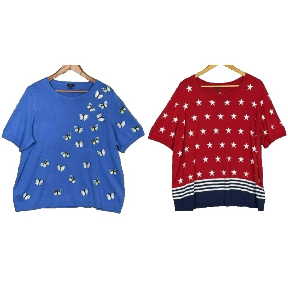 Talbots LOT OF 2 Novelty Print Short Sleeve Sweaters Womens 3XP Sequins Heritage